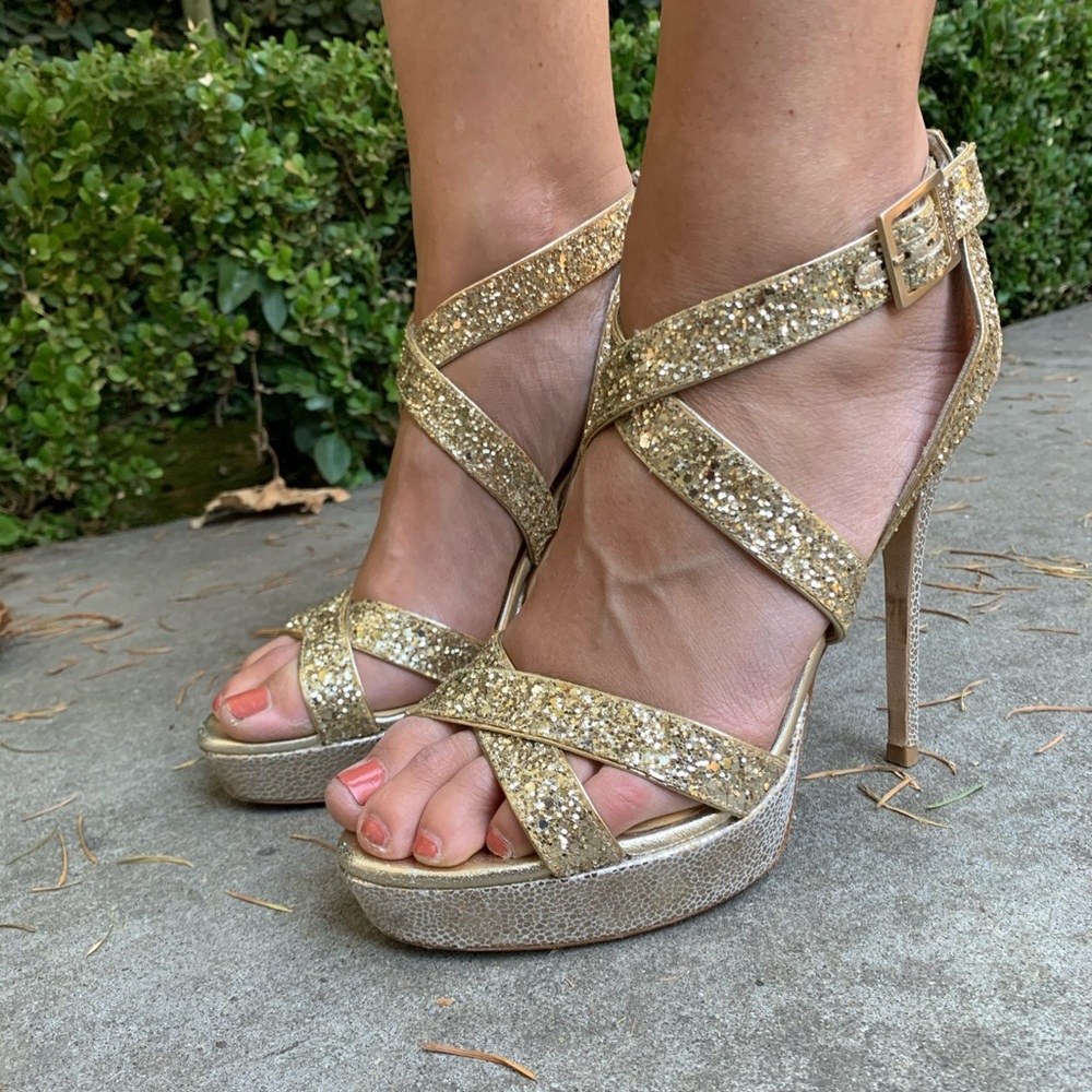Jimmy Choo gold glitter heels